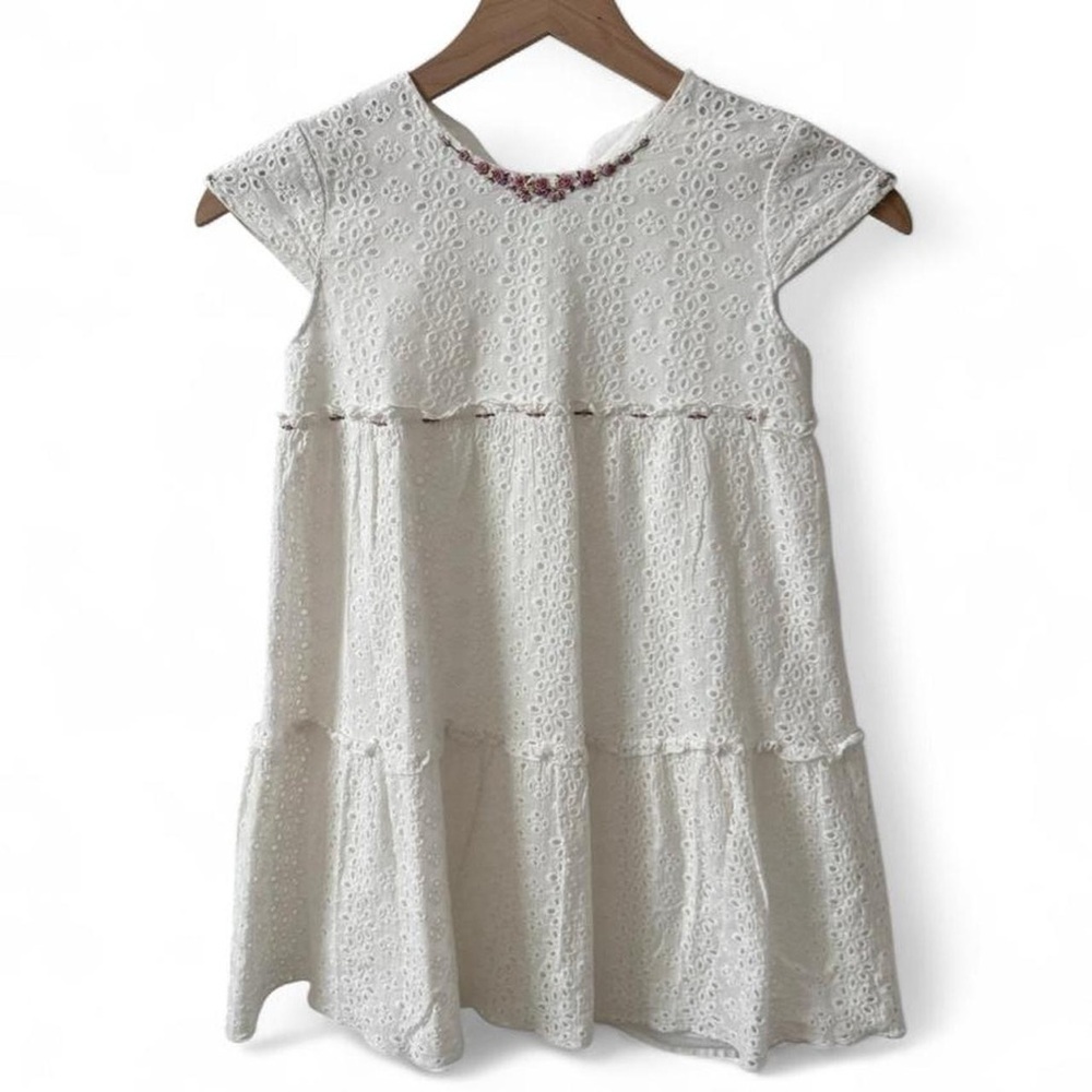 White Eyelet Embroidered Dress Girls 8-9Y Cottagecore Easter Floral